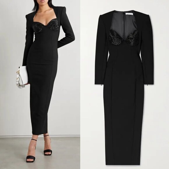AREA Crystal-Embellished Stretch-Twill Midi Dress in Black 8 NWT - Picture 1 of 12
